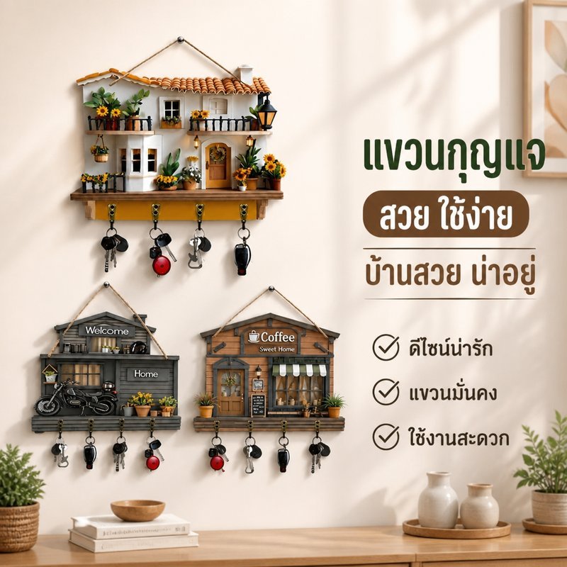ที่แขวนกุญแจ ติดผนัง ไม้ พิมพ์ภาพ 2D ตะขอทองแดง 4 ตะขอ สไตล์วินเทจ ติดตั้งสกรู