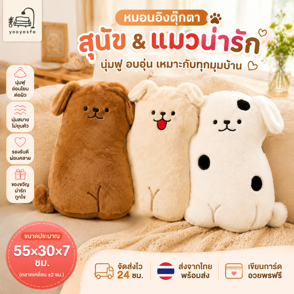ตุ๊กตาผ้ากำมะหยี่รูปสุนัขและแมวน่ารัก หมอนอิงโซฟา หมอนนอน และของขวัญตกแต่งห้องนั่งเล่น