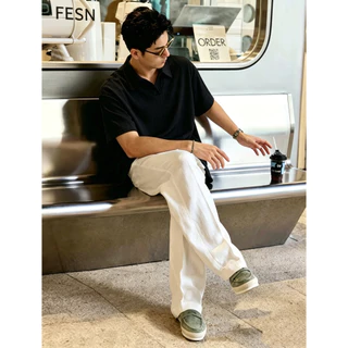 Textured Knit Polo Shirt ฤดูร้อนความรู้สึกระดับไฮเอนด์ คนพาล หล่อปกเสื้อโปโลแขนสั้นสีดําบริสุทธิ์
