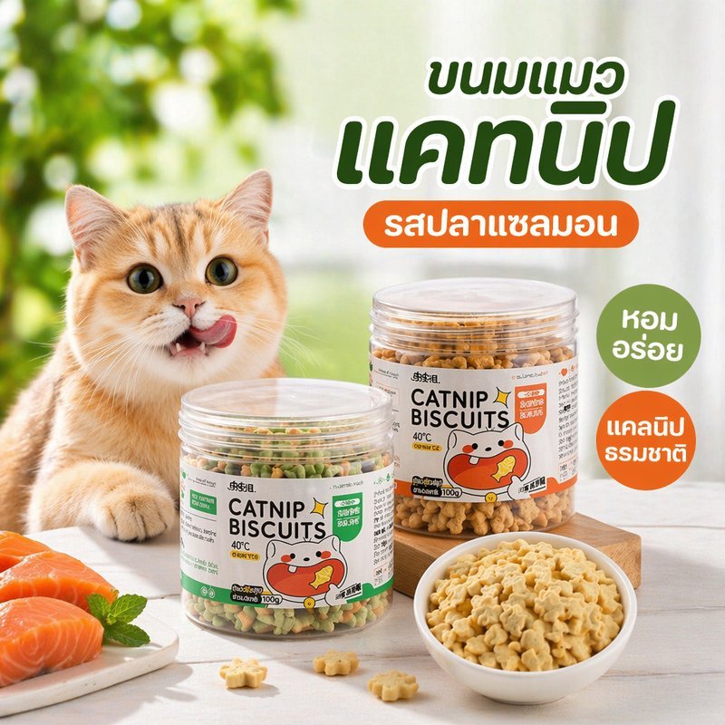 ขนมแมวอบกรอบ บิสกิตขัดฟัน แคทนิป รสแซลมอน รสมิ้นต์ ลดกลิ่นปาก ลดก้อนขน กระปุก