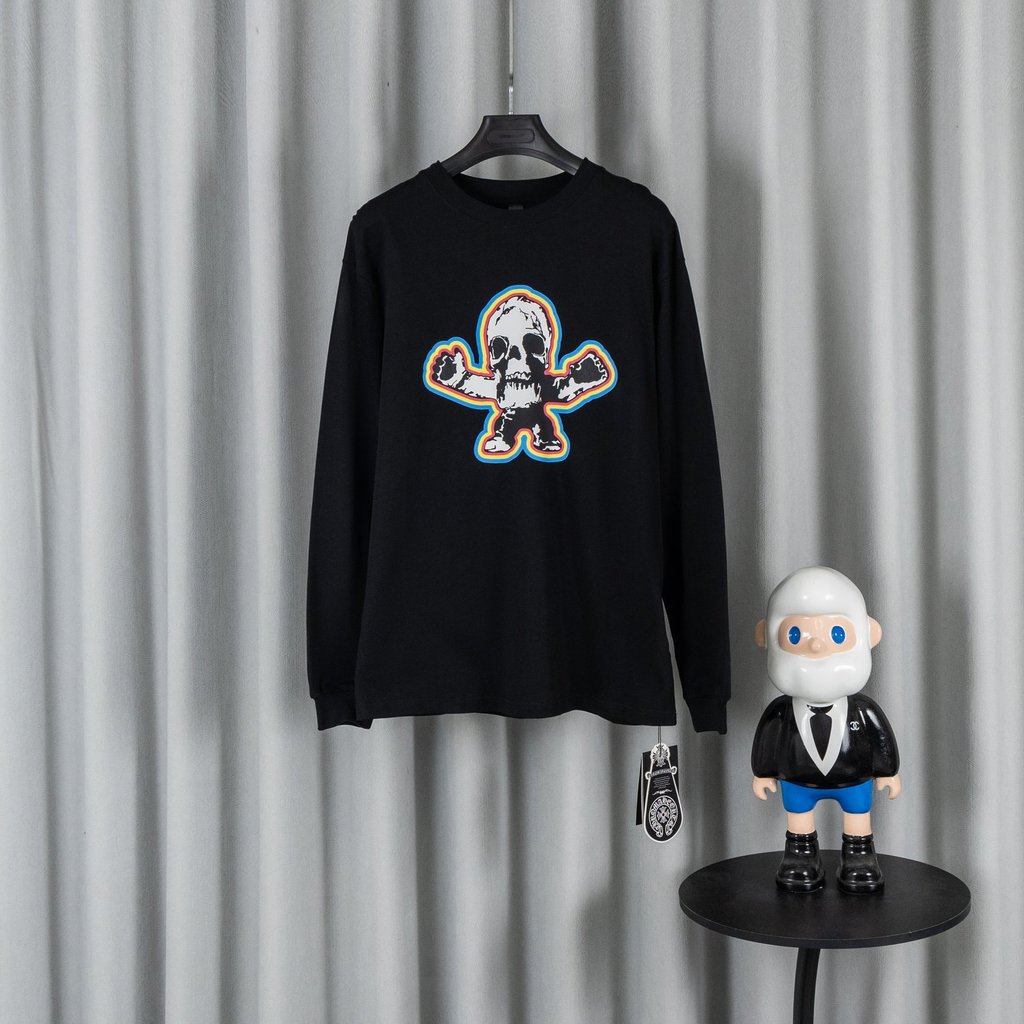 MCED Crm Hrt แขนยาวสีสัน Skull สันสกฤตพิมพ์อินเทรนด์หลวมรอบคอผู้ชายผู้หญิงสไตล์เดียวกันคู่สบายๆ