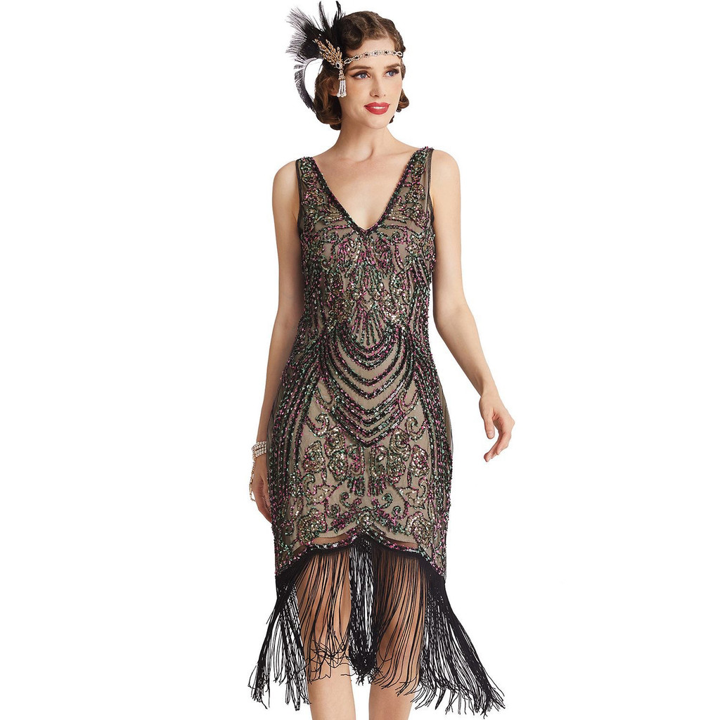 1920 Gatesby Retro Sequined Fringed Dress Masquerade Dress Party ค็อกเทลประสิทธิภาพเครื่องแต่งกาย