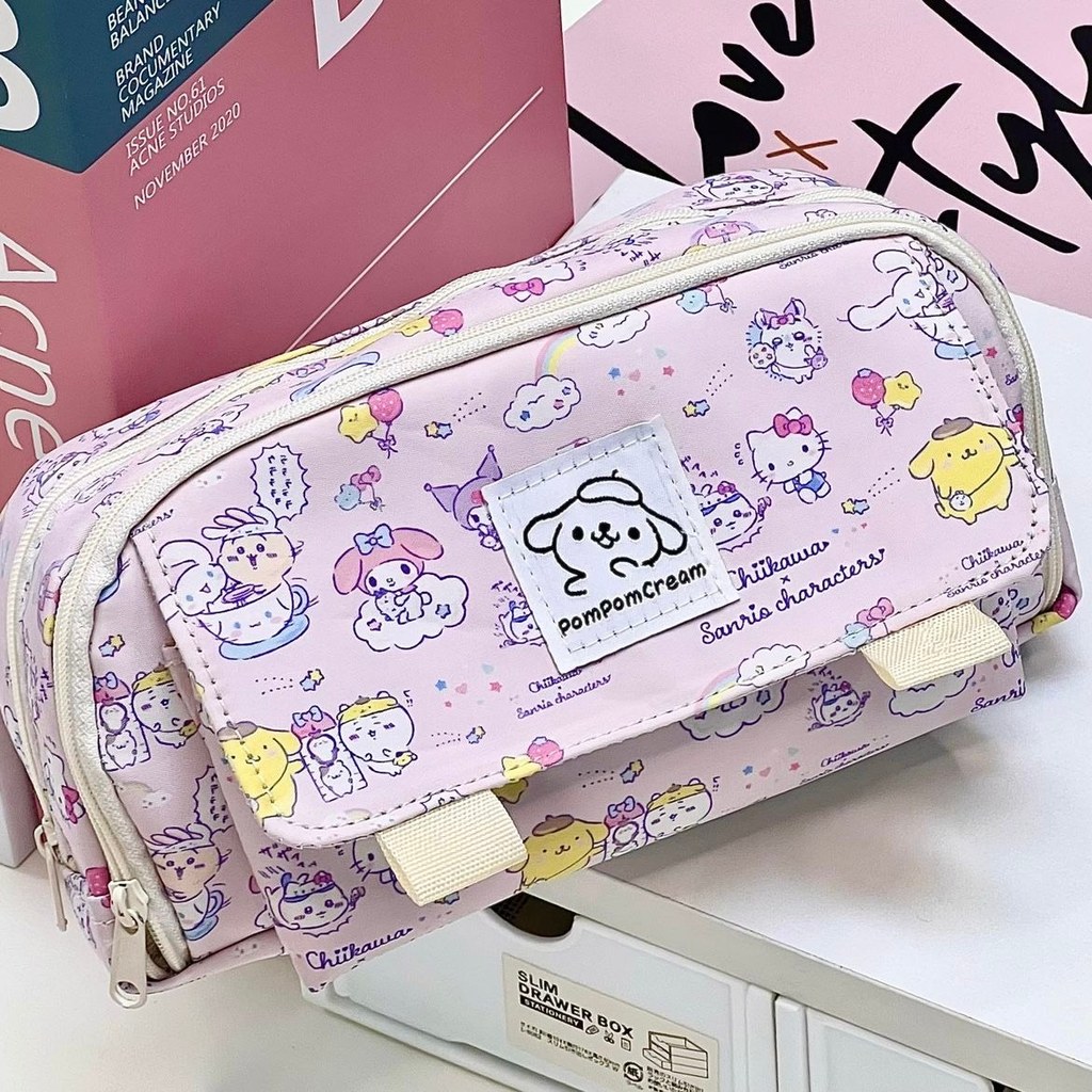 Jikawa cikawa Sanrio Linkage Pencil Case เครื่องเขียนนักเรียนน่ารักกระเป๋าเก็บความจุขนาดใหญ่กล่องเคร