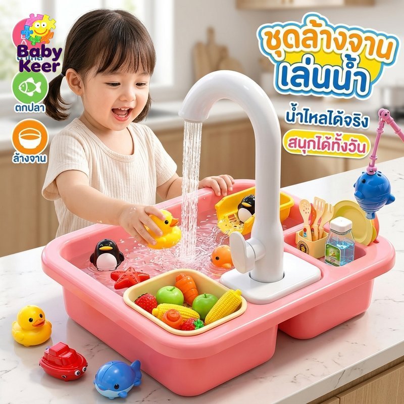 ของเล่นซิงค์ล้างจานเด็ก น้ำไหลได้จริง ระบบหมุนเวียนน้ำอัตโนมัติ ชุดครัวจำลอง พร้อมอุปกรณ์