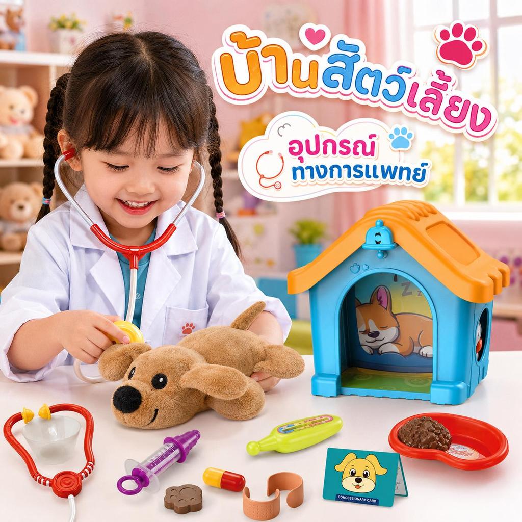 ของเล่นคุณหมอสัตว์ บ้านสัตว์เลี้ยง พร้อมตุ๊กตาสุนัขและอุปกรณ์แพทย์ ชุดพยาบาลสัตว์เด็ก เล่นบทบาทสมมติ เสริมพัฒนาการ ของขวัญเด็ก