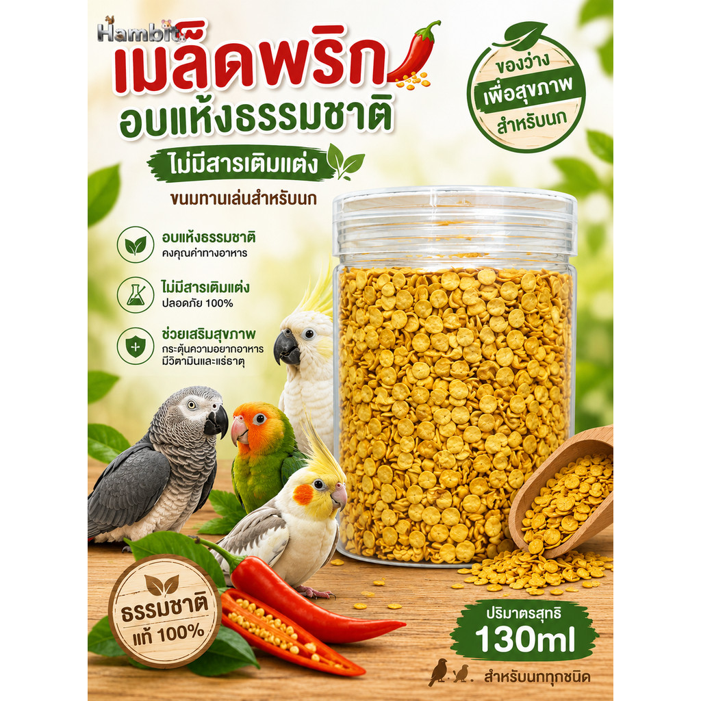 Hambit. เมล็ดพริกอบแห้งธรรมชาติ 100% สำหรับนกทุกชนิด อาหารเสริมนก เกรดพรีเมียม ไร้สารเคมี ขนาด 130ml