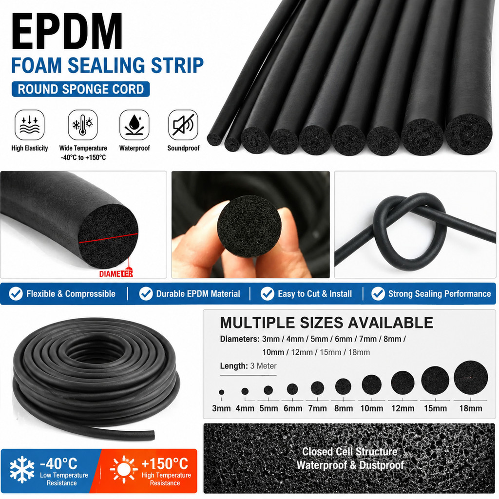 1-3meters EPDM O-Ring Seal Strip, Round Sponge Rubber Cord, Flexible Foam Gasket for Sound Insulatio