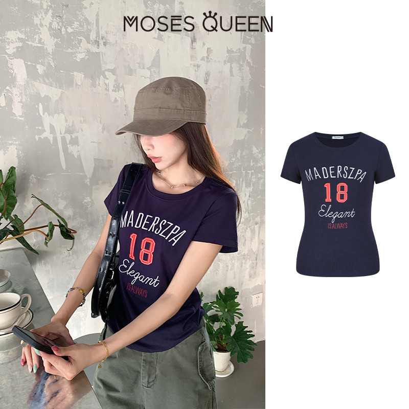 MOSESQUEEN มอสเช่ เสื้อยืดแขนสั้นพิมพ์ลายสไตล์อเมริกันสําหรับผู้หญิงฤดูร้อนเข้ารูปและสลิมมิ่งเสื้อคอกลม #63767