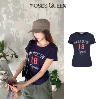 MOSESQUEEN มอสเช่ เสื้อยืดแขนสั้นพิมพ์ลายสไตล์อเมริกันสําหรับผู้หญิงฤดูร้อนเข้ารูปและสลิมมิ่งเสื้อคอกลม #63767