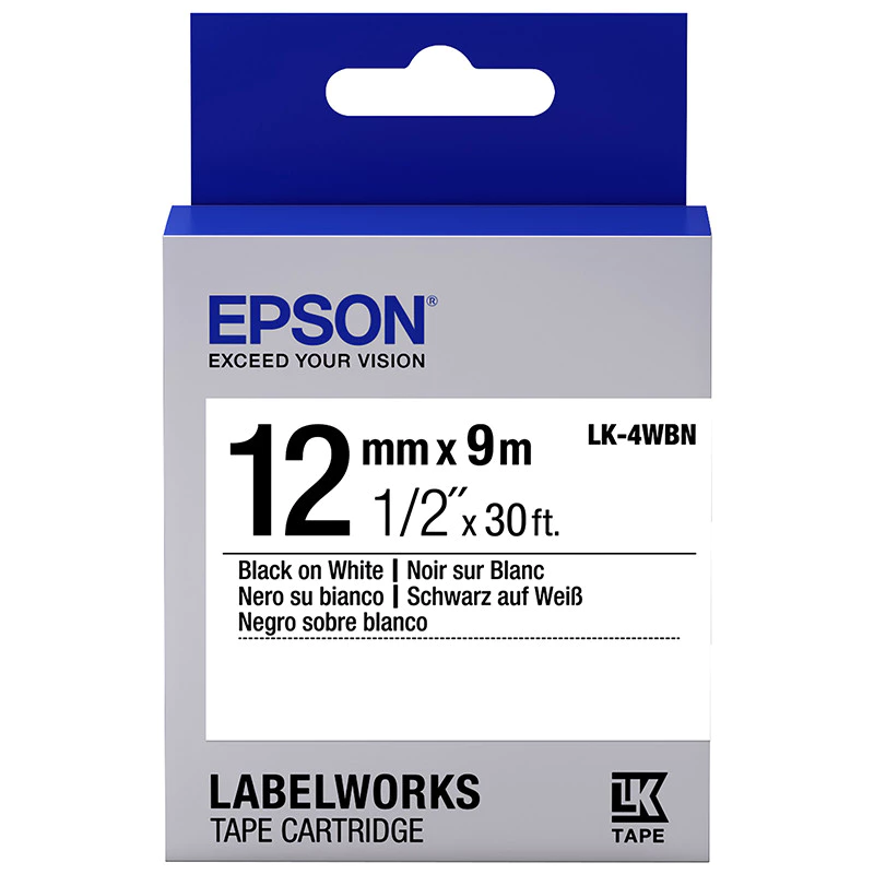 EPSON เทปพิมพ์อักษร รุ่น LK-4WBN เทปสีขาว ตัวอักษรสีดำ ขนาด 12 มม. x 9 ม.