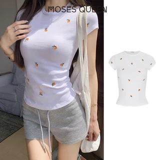 MOSESQUEEN ความเมตตาควีน เสื้อยืดแขนสั้นคอกลมสําหรับผู้หญิงในฤดูร้อนพิมพ์ลายสีขาวเสื้อตัวสั้นน่ารักเข้ารูป #63879