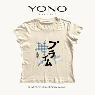 (พร้อมส่ง24ชม.) YONO baby tee สีขาว ลายดาวลายตารางและตัวอักษรญี่ปุ่น ทรงเข้ารูป ลุคเกาหลี y2k