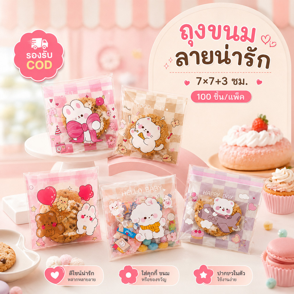 ถุงขนมลายน่ารัก 7×7+3 ซม. 100 ใบ ถุงฝากาว ถุงคุกกี้ใส ถุงเบเกอรี่ แพ็คขนม ของขวัญ DIY