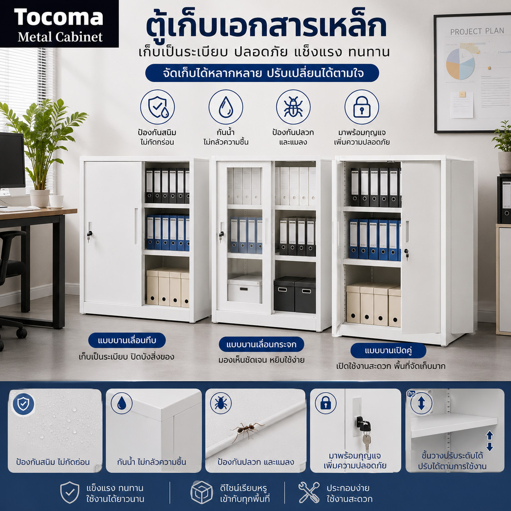 ตู้เก็บเอกสารเหล็ก ตู้เหล็กอเนกประสงค์ แบบบานเลื่อนทึบ/กระจก/ประตูคู่ ใช้เก็บเอกสารเครื่องครัวของใช้สำนักงาน