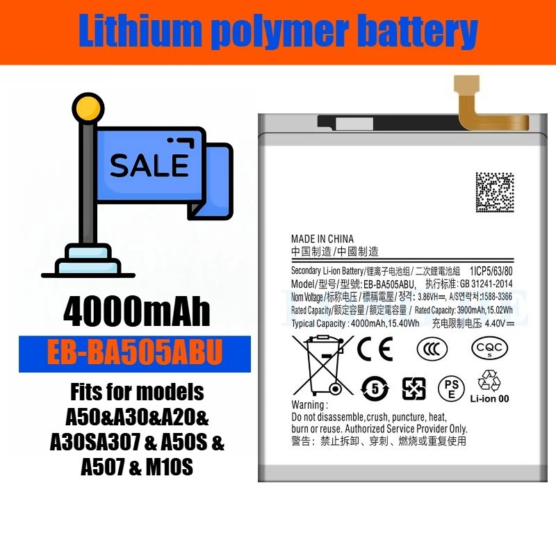 3.8V 4000mAh EB-BA505ABU แบตเตอรี่โทรศัพท์มือถือ,สําหรับ Samsung A50/A30/A20/M10S/M107