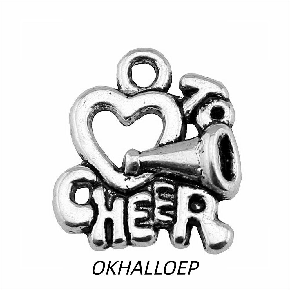 IOKHALLO เสน่ห์ฮอร์นเชียร์รูปหัวใจ 50 ชิ้น, โลหะ I Heart To Cheer Cheer Leading Theme Charms, ทนทานแ