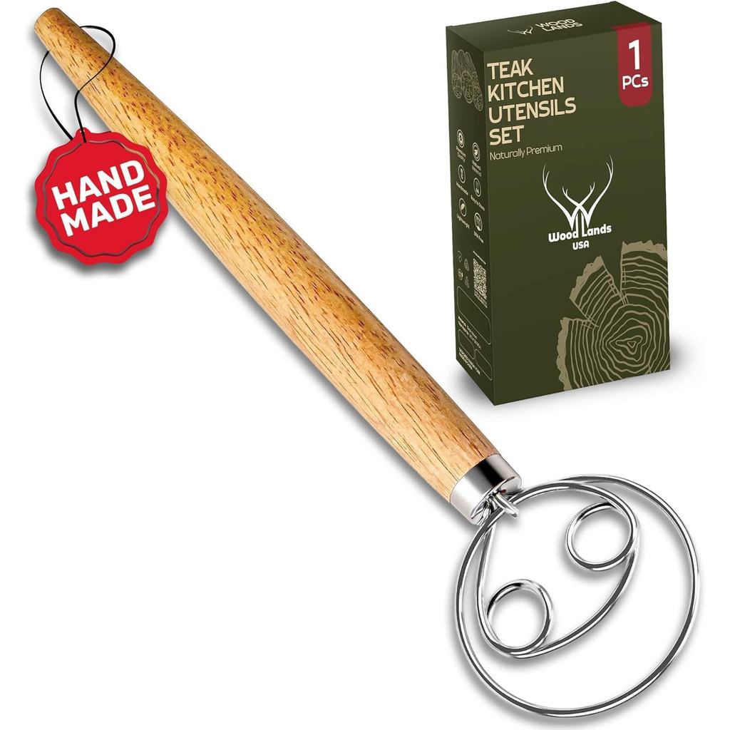 WOODLANDS USA Danish Dough Whisk สําหรับเปรี้ยว 13 นิ้ว - ตะขอสแตนเลส 304 พร้อมที่จับไม้ยาว – ตะกร้อ