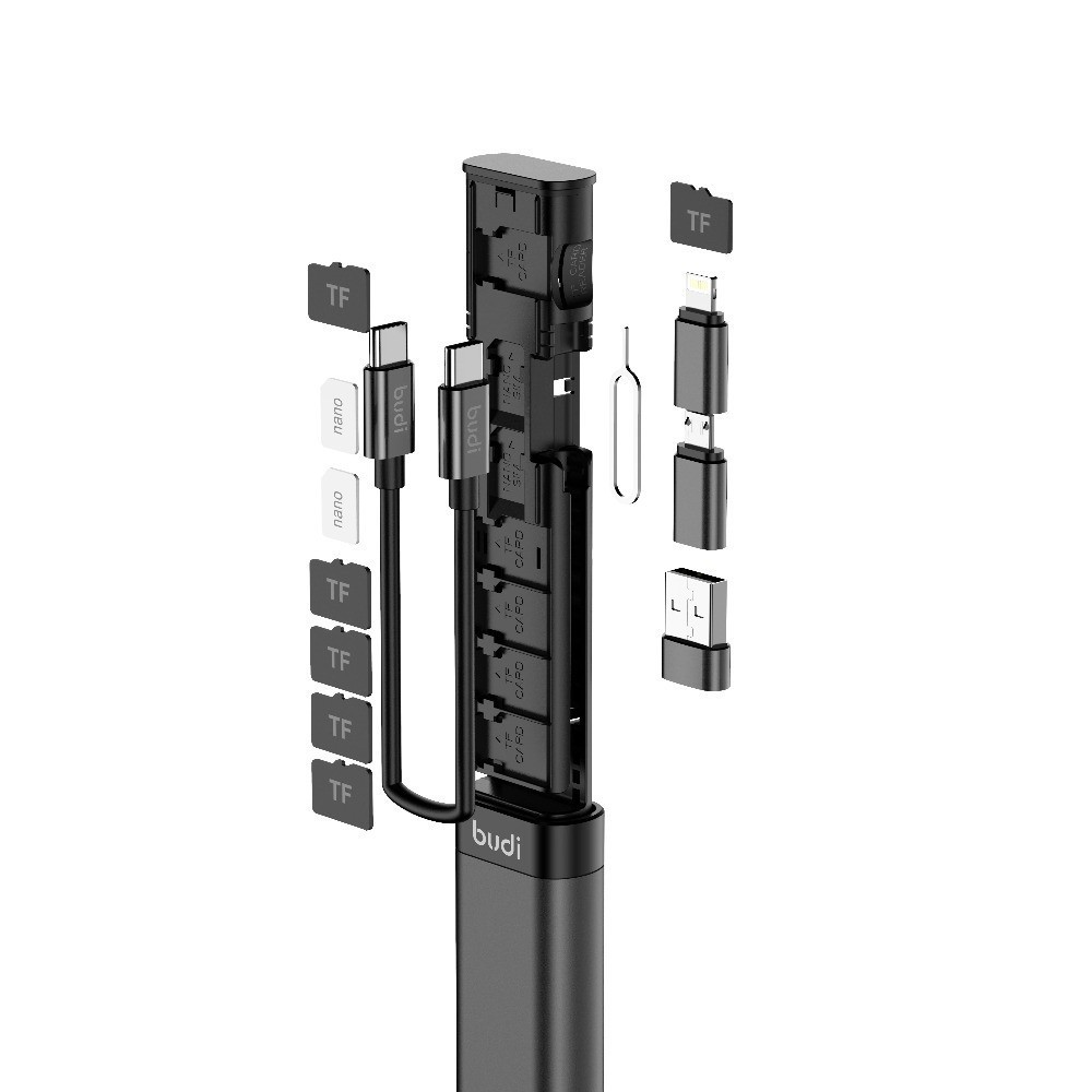 BUDI สายเคเบิลข้อมูลมัลติฟังก์ชั่น 9 in 1 พร้อมกล่องเก็บการ์ดหน่วยความจํา USB Type-C การ์ดหน่วยความจํา Micro SD เครื่องอ่านการ์ดความเร็วสูง