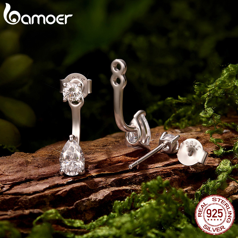 Bamoer 925 เงินสเตอร์ลิง Moissanite ต่างหูด้านหน้าและด้านหลังหู Studs แฟชั่นเครื่องประดับสําหรับของขวัญผู้หญิง