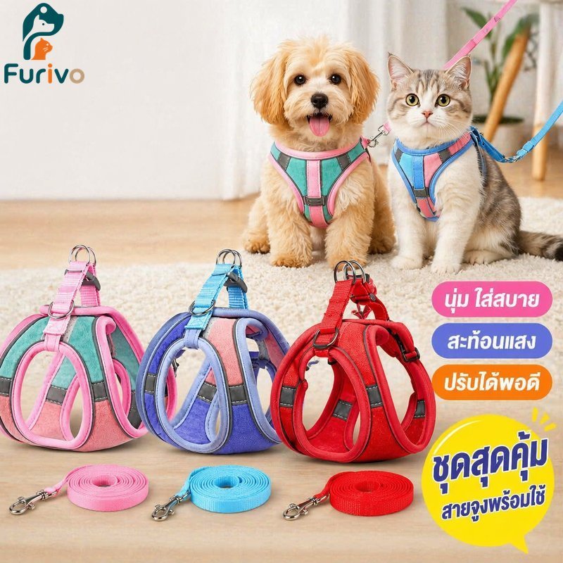 สายรัดแมวสายจูงสะท้อนแสงปรับหนีหลักฐานนุ่มสบายเสื้อกั๊กสัตว์เลี้ยงเดินกลางคืน