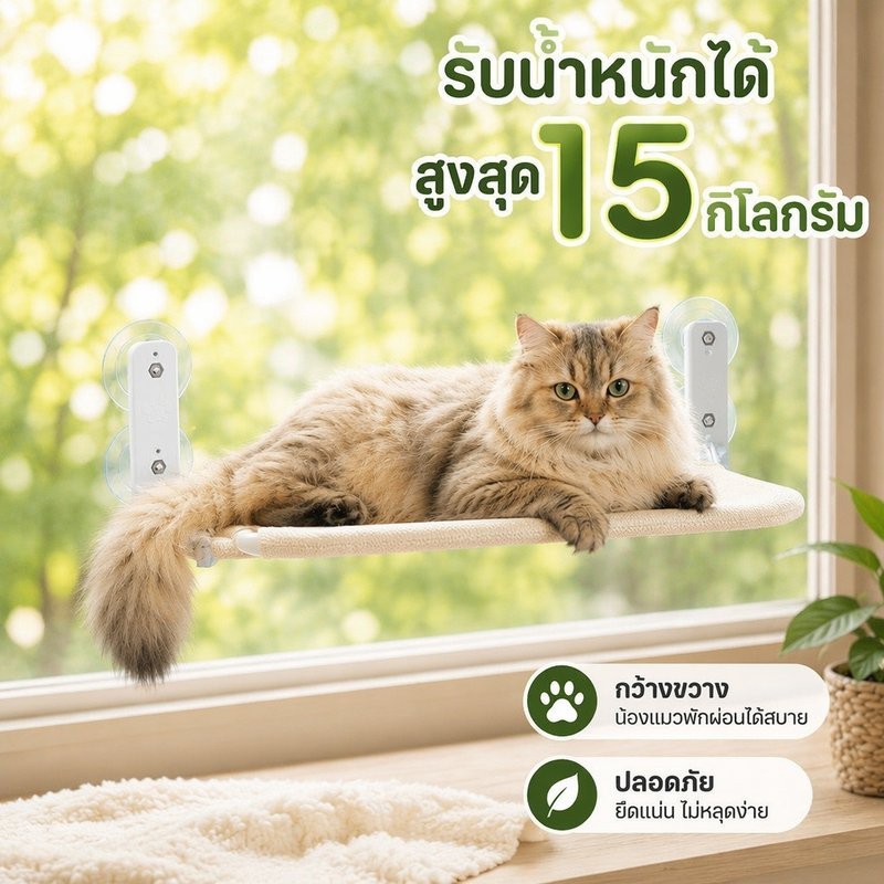 เปลแมวติดกระจก ที่นอนแมวติดหน้าต่าง แบบพับเก็บได้ รับน้ำหนัก 15 กิโล ถอดซักได้ 4 จุก