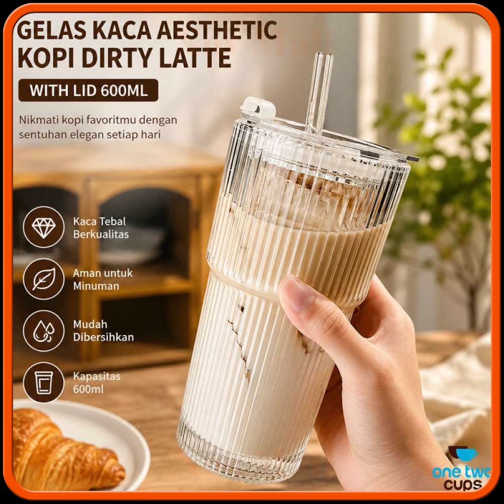 Aesthetic Coffee Dirty Latte ถ้วยแก้วพร้อมฝาปิด 600ml HM220