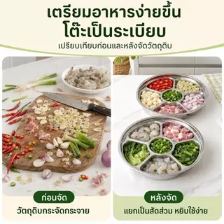 ถาดสแตนเลส 304 แบ่ง 5 ช่อง พร้อมฝาปิด จานหลุมใส่อาหาร ถาดเตรียมวัตถุดิบ สำหรับชาบู หมูกระทะ ผลไม้และของว่าง