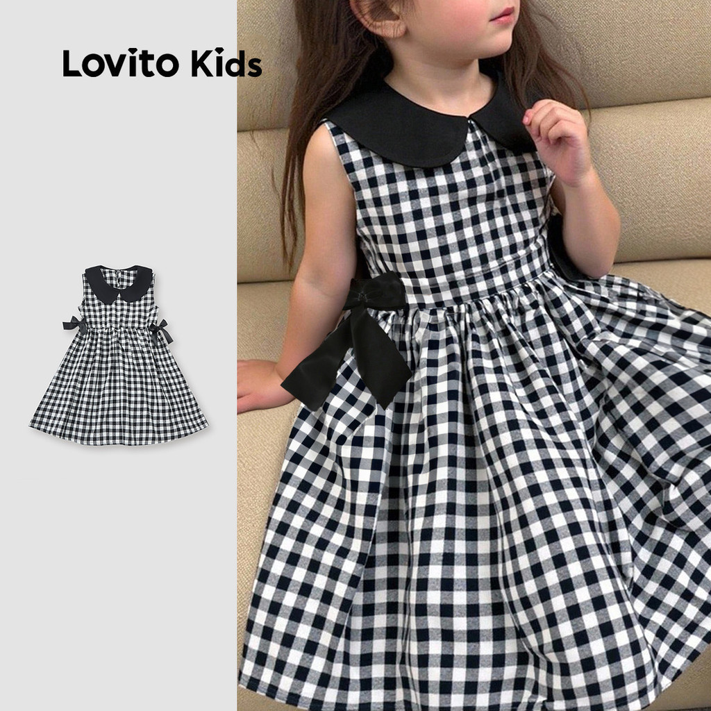 Lovito Kids แคชชวล เดรสสีบล็อกน่ารักสำหรับฤดูใบไม้ผลิ/ฤดูร้อน สีดำและขาว L160LD202