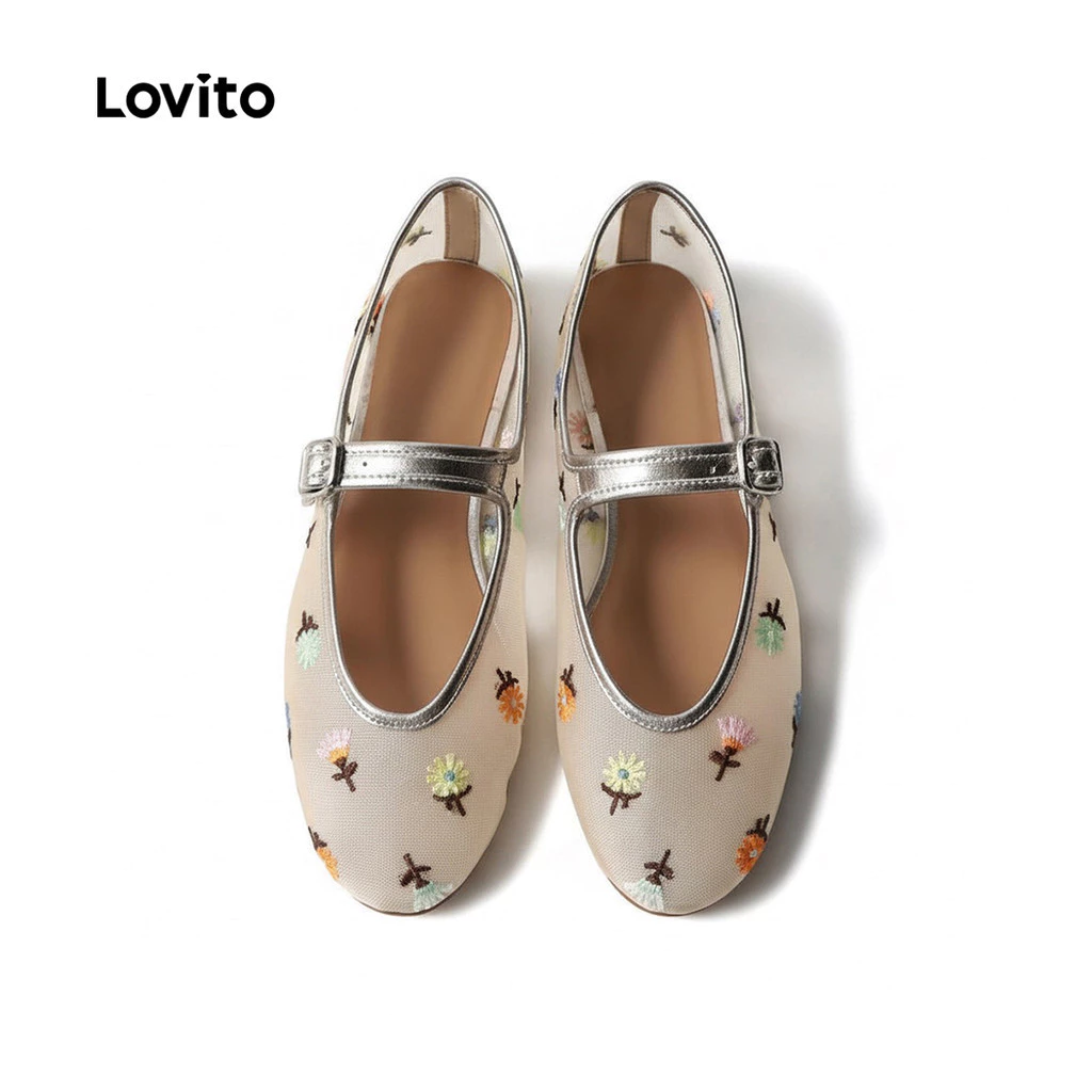 Lovito วันหยุด Mary Janes รองเท้าลําลอง ลายปักผ้าตาข่าย โทนแอปริคอต ผู้หญิง รุ่น LFA112032