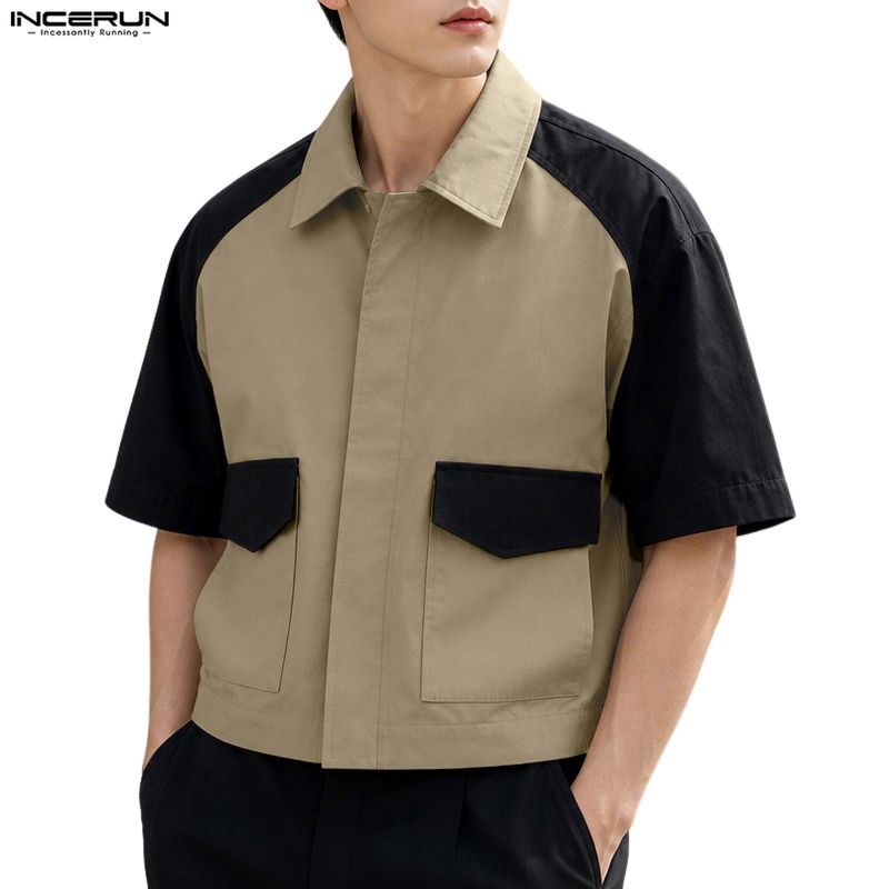 INCERUN Men Korean Urban Fashion Cargo Style Lapel Short Sleeve Contrast Colours Design Cropped Shirts
