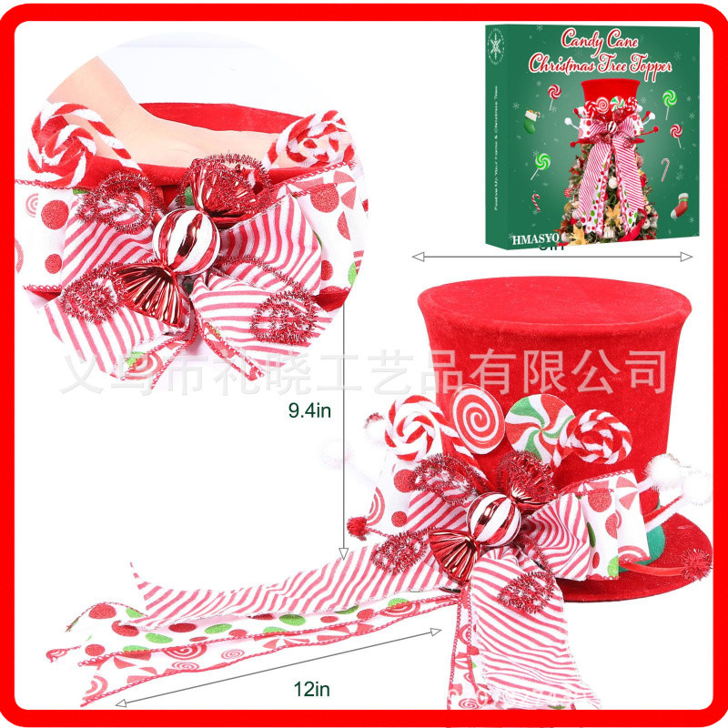 Cane Candy Christmas Tree Top Hat Velvet Red Tree Top Hat with Candy Bow Ribbon Tree Top Hat