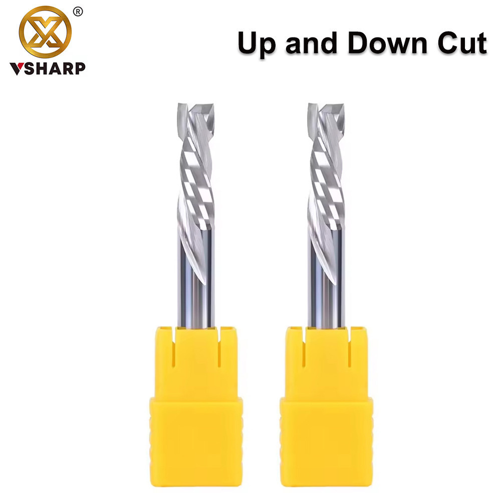 Vsharp 2F Compression End Mill Up & Down Milling Cutter ทังสเตนเครื่องตัดคาร์ไบด์แข็งสําหรับเมลามีน Double Veneer Board MDF Hard Wood