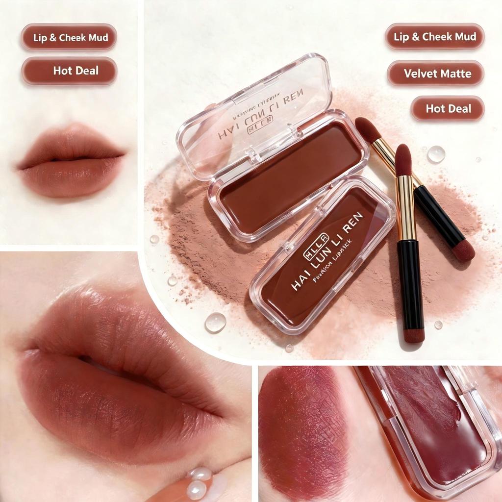 Cheek & Lip MudHLLR Lip and Cheek Dual-Use Matte Lip Mud Velvet Waterproof Gloss with Brush