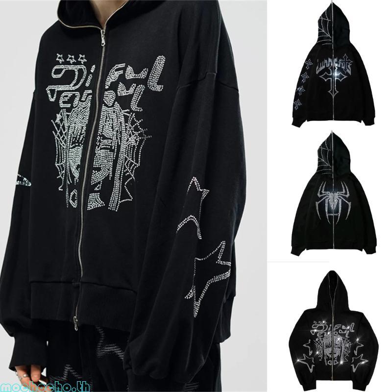 Mochocho Rhinestone กราฟิก Zip Up Hoodie สําหรับผู้หญิงผู้ชายขนาดใหญ่ Y2k เสื้อกันหนาวแจ็คเก็ต