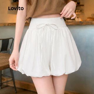 Lovito กางเกงขาสั้นแคชชวลทรงบอลลูน ปลายขากว้าง ผูกโบว์เรียบๆ สำหรับผู้หญิง เกาหลี อินเทรนด์ L88AD101