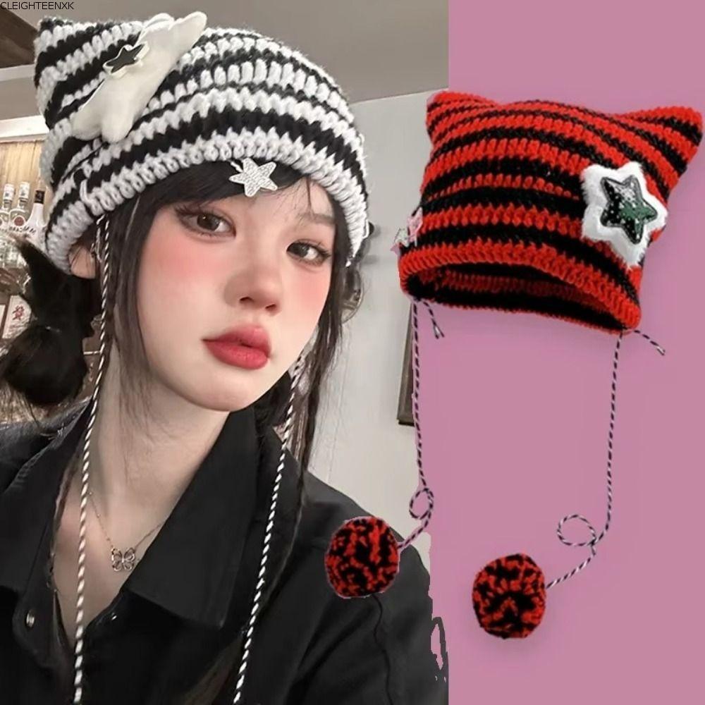 CLEIGHTEEN8H หมวก Star Devil, ลาย Y2K น่ารัก Y2K หมวกบีนนี่, Hip-hop Devil Ear Cat ฤดูใบไม้ร่วงฤดูหน
