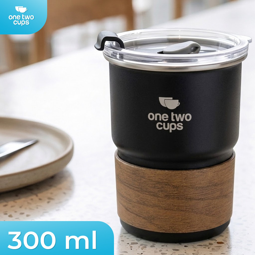 RC One Two Cups Coffee Tumbler Cup Lid Wood Cover Stainless 300ml - BC140