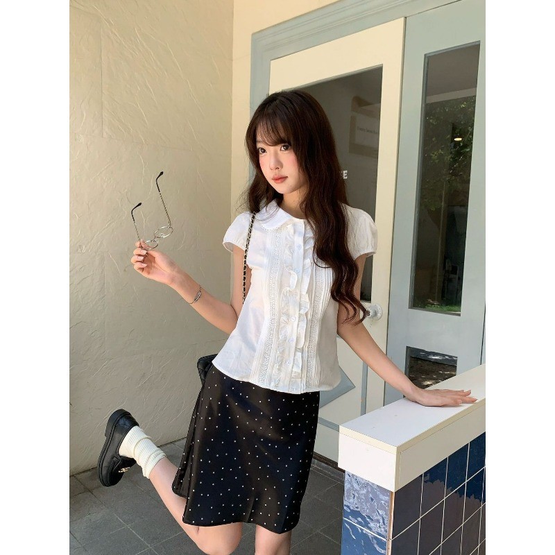 MONA~Xเวอร์ชั่นเกาหลี สีทึบ ลูกไม้ เสื้อแขนสั้น เสื้อเชิ้ต รุ่นใหม่ สไตล์หวาน1