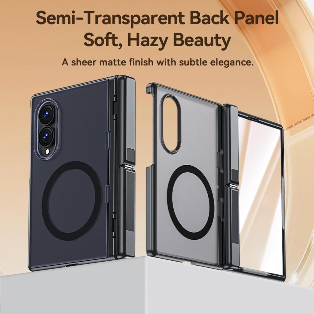 SAMSUNG ทั้งหมดรอบป้องกันแม่เหล็กชาร์จไร้สายเชลล์สําหรับ ซัมซุง กาแลคซี Z พับ 8 บานพับปกปิดขาตั้งในตัวป้องกันหน้าจอ มีน้ําค้างแข็ง โปร่งใสกันกระแทกฝา