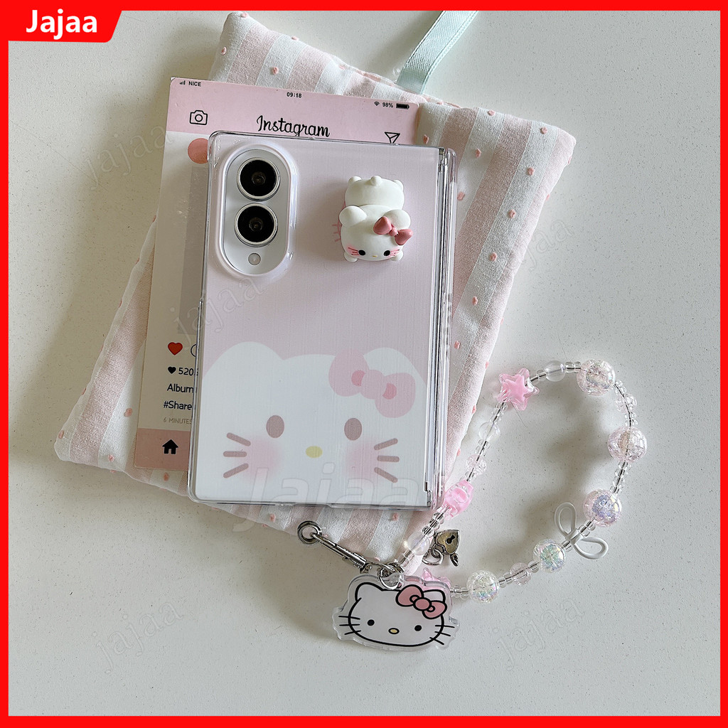 น่ารักการ์ตูน Hello Kitty 3D เคสโทรศัพท์สําหรับ Samsung Galaxy Z พับ 8 กว้าง Fold8 กว้าง 5G พร้อมเชือกเส้นเล็กกันกระแทกสีชมพูตุ๊กตาออกแบบ
