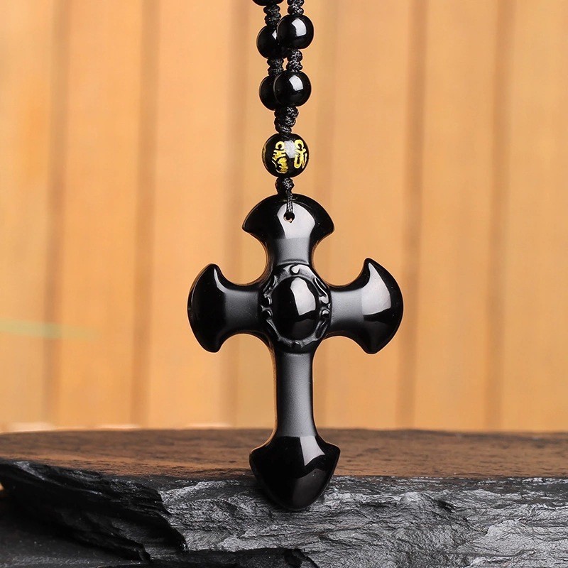 ธรรมชาติ Frosted Obsidian CROSS จี้ผู้ชายผู้หญิง Obsidian CROSS จี้สร้อยคอ