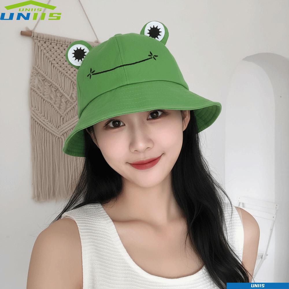 UNIIS ผู้หญิงหมวกถัง,หมวกกบปีกกว้างรูปกบ,หมวกตกปลาป้องกันแสงแดดน่ารักกลางแจ้ง