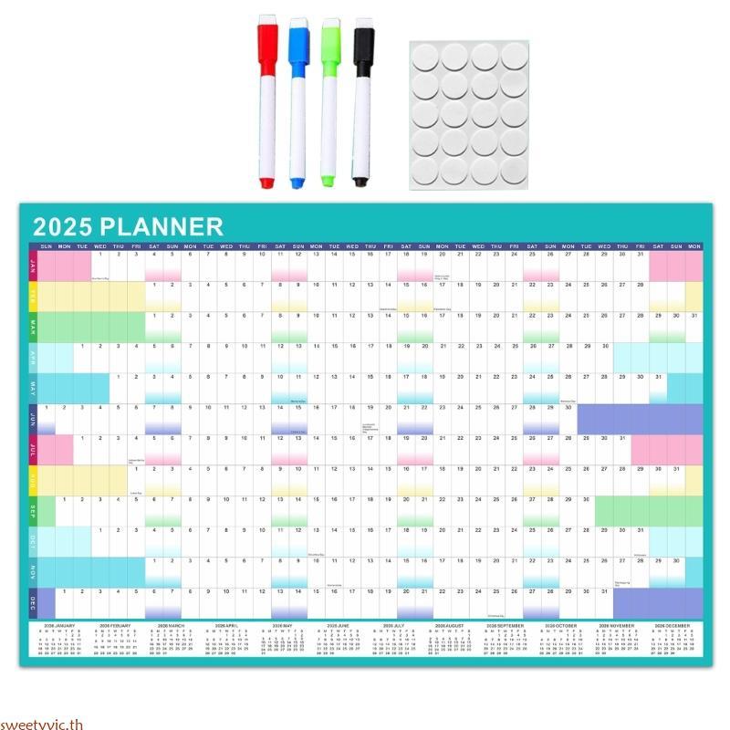 Sweetyvic 2025 Wall Calendar Yearly Wall Planner พร้อมเครื่องหมายลบได้และสติกเกอร์กาว