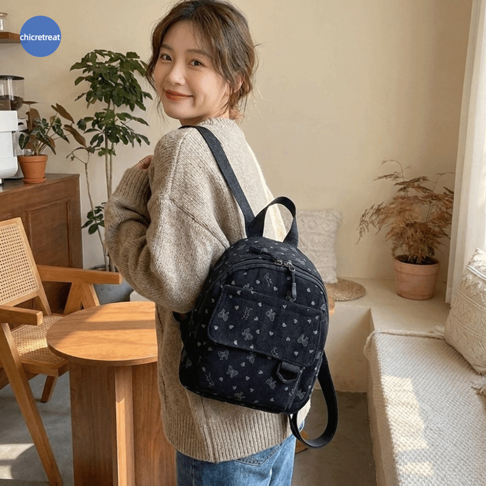 CHICRETREAT Corduroy Mini Backpack, กระเป๋าสะพายหวานหลายช่อง, สไตล์ Ins Heart Bow พิมพ์ซิปเปิดน้ําหนักเบา Casual Backpack Travel