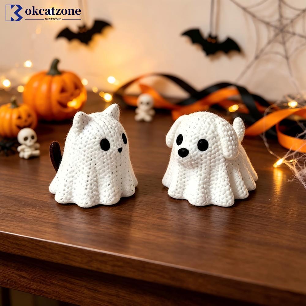 OKCATZONE น่ารักถักสไตล์ Ghost Cat & Dog Figurines Spooky ฮาโลวีนเครื่องประดับขี้เล่นโต๊ะชั้นวางหนัง
