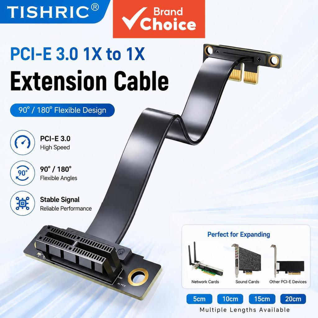 สายต่อขยาย PCIe 3.0 x1 TISHRIC ความยาว 5/10/15/20 ซม. แบบยืดหยุ่น มุม 90/180 องศา สําหรับการ์ดอะแดปเตอร์เครือข่าย การ์ดเสียง และอุปกรณ์ PCIe