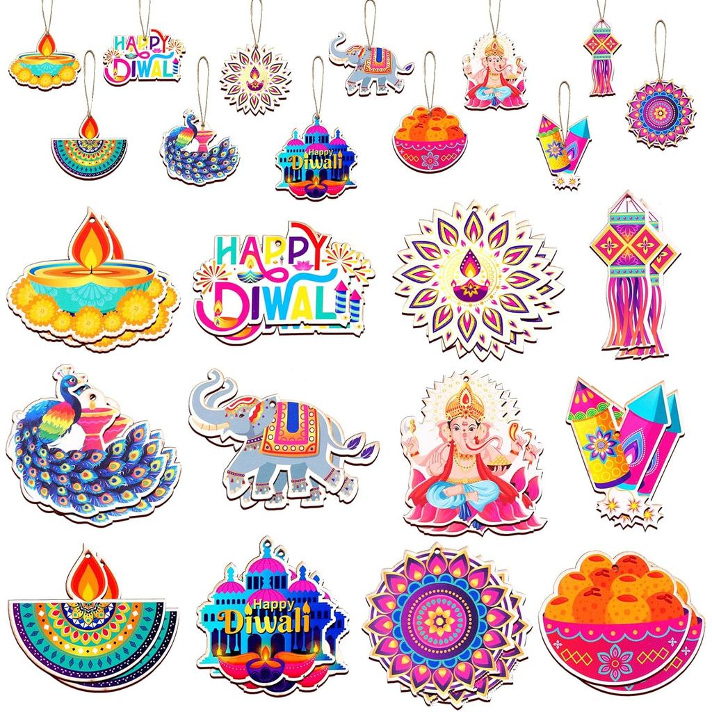 HOWAF 36 ชิ้น Happy Diwali ตกแต่งไม้แขวนเครื่องประดับ, Diwali ไม้ Cutout เครื่องประดับเชือกสําหรับเท