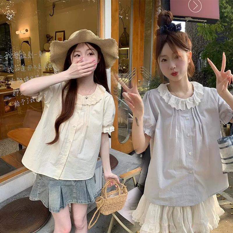 LUNE เสื้อเชิ้ตคอลูกไม้แขนตุ๊กตาสุดน่ารัก ดีเทจจับจีบตรงอกสวยหรูแฟชั่นใหม่2026 ซัมเมอร์สไตล์ญี่ปุ่นแมทช์ได้ทุกลุค W755