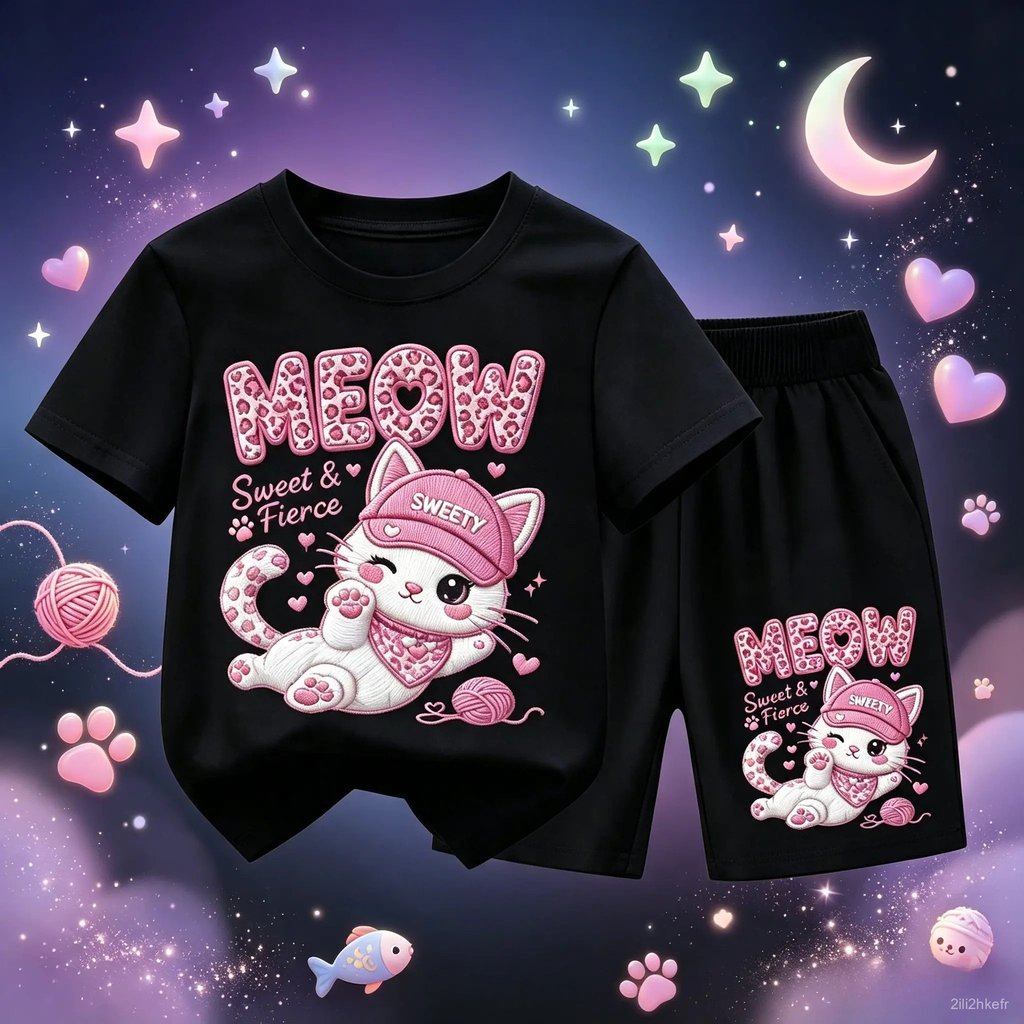 ชุดเด็กรุ่นใหม่ปี 2026 เสื้อยืดคอกลมแขนสั้นสีขาวครีมพิมพ์คำว่า SWEETY และแมวลายการ์ตูน พร้อมปัก MEOW และแมวใส
