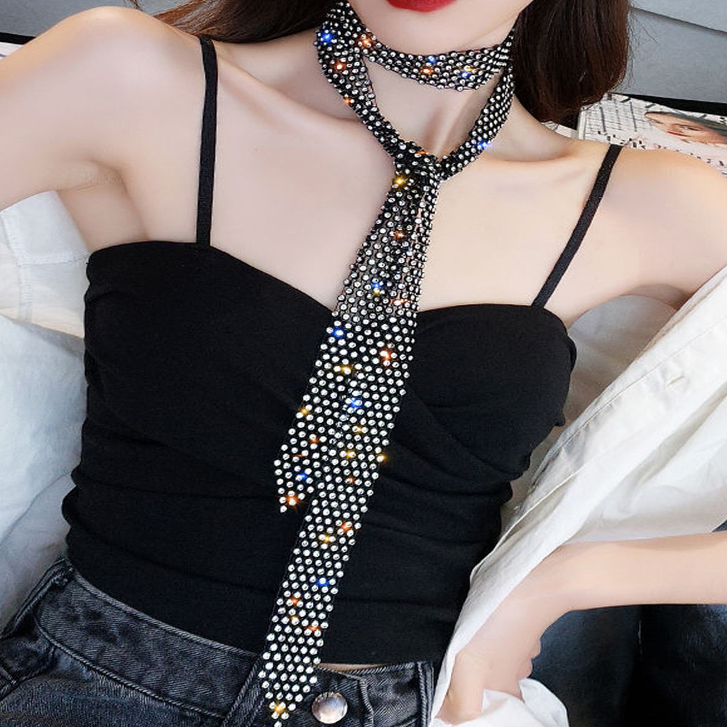 Sparkly AB คริสตัล Rhinestone เนคไท Choker Hollow ตาข่ายยาวเพชรคอสุภาพสตรี EDM Rave เทศกาลชุดราตรีตก